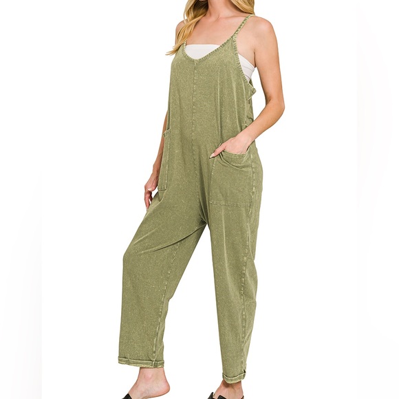 Washed Spaghetti Straps Overalls with Pockets - Light Olive - Picture 2 of 2